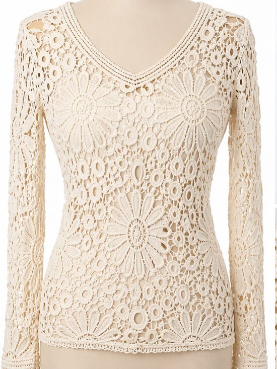 Tops - Crochet Top Womens Large Ivory Sheer Floral Romantic Boho Fairy Cottagecore